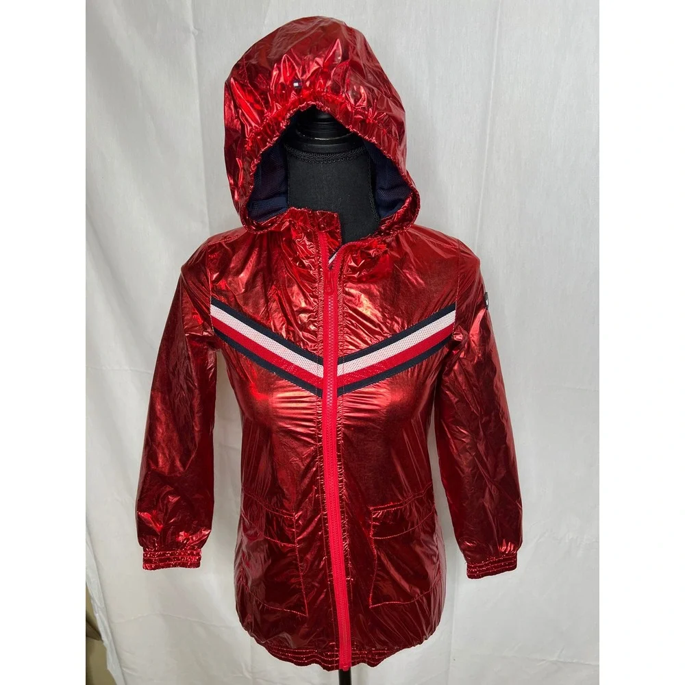 Tommy Hilfiger Girls Metallic Red Hooded‎ Windbreaker Jacket Size 8 Chevron Logo